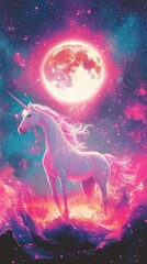 A beautiful white unicorn standing before the radiant full moon