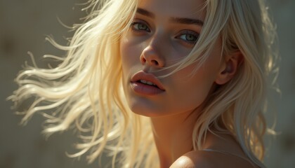 Fototapeta premium Striking mod dev captured in soft sunlight highlighting features and flowing hair in a serene outdoor setting