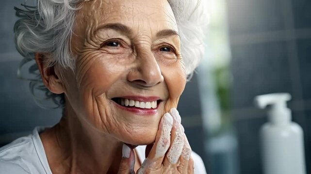 portrait of a caucasian elderly woman washing face at bathroom, zoom in