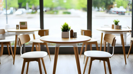 Fototapeta premium Empty Restaurant Interior With Modern Wooden Tables and Chairs Near Large Windows Under Daylight