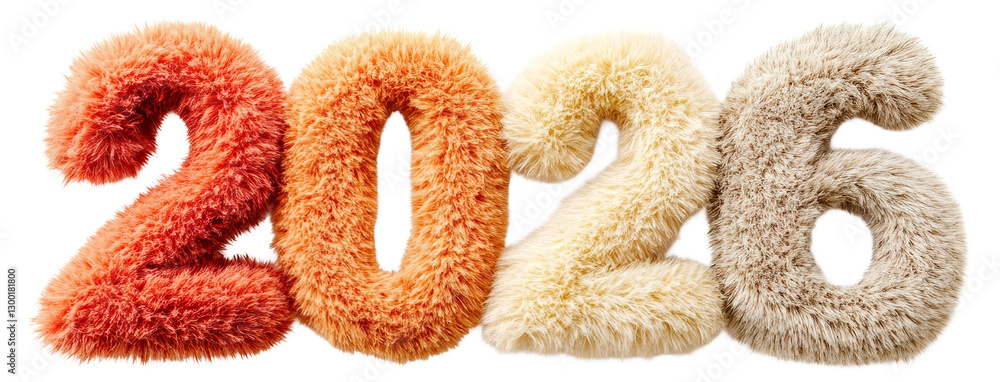Poster fluffy 2026 number with soft texture, isolated on transparent cutout background