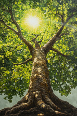 Fototapeta premium a large tree with lush green leaves, seen from the bottom up,