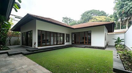 Modern White House Exterior with Green Lawn and Brick Pathway during Daylight