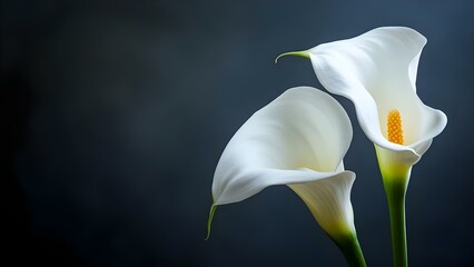 Two elegant white calla lilies with smooth petals and a central yellow stamen against a soft, dark background. Concept Calla Lilies, Elegant Floral Arrangement, Smooth Petals, Dark Background