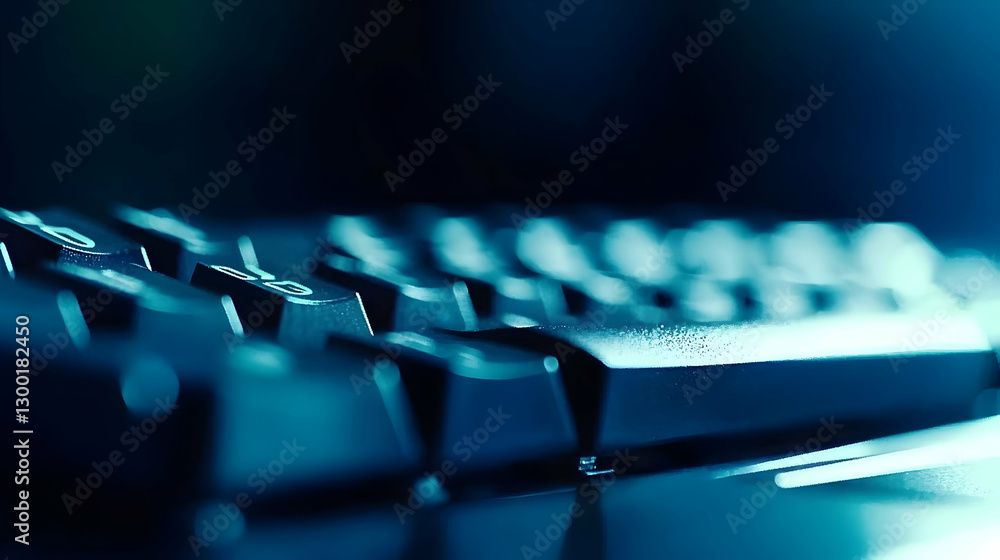 Poster close up view of a black keyboard with illuminated keys on dark blue background