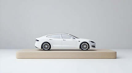 White Pixelated Car Model Displayed On A Beige Rectangular Platform Against A Bright White Backdrop