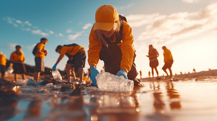 young woman with a yellow cap collecting trash on the beach, eco volunteers cleaning up beach plastic pollution at sunset, environmental activism and sustainability