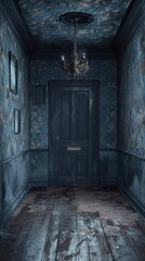 A dark hallway with peeling walls and an ominous hanging chandelier