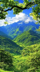 Lush Green Mountain Valley Landscape Under a Blue Sky
