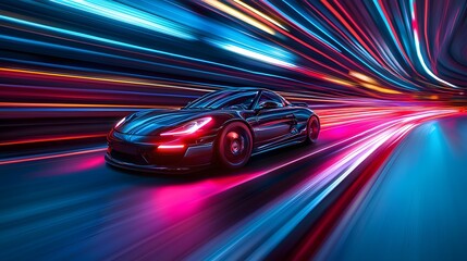 Speeding Sports Car Illuminated by Neon Lights in Dynamic Urban Scene