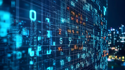 Blue Digital Data Stream With Numeric Code Overlooking a City at Night