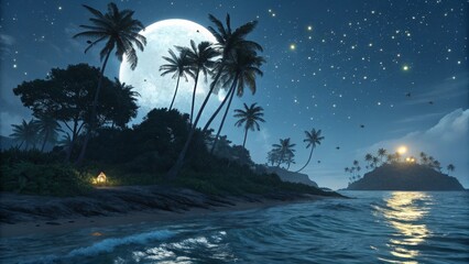 Tropical Night Full Moon, Palm Trees, Island Seascape, Digital Art, Moonlight, Beach Tropical Island, Night Scene