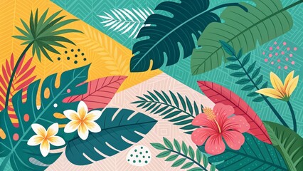 Tropical Floral Collage Abstract Geometric Composition, Vibrant Leaves and Flowers, Summer Paradise, Tropical Leaves, Summer Vibes
