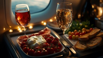 Fototapeta premium A top-down view of a burrata and prosciutto antipasto served in first-class, creamy burrata cheese glistening under soft airplane cabin lighting, prosciutto arranged in delicate folds,