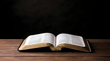 Open Book with Golden Edges on Wooden Table Against Dark Backdrop
