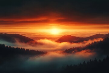 A dramatic sunset over misty mountain peaks, with the sky glowing in deep orange and red hues. The image represents nature’s beauty, adventure, and the power of light and atmosphere.