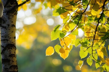 Obraz premium A close-up of a birch tree with green and yellow leaves illuminated by sunlight, creating a soft bokeh effect. The image represents autumn, nature, transition, and seasonal beauty.