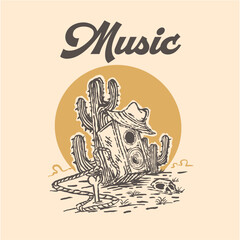 Cowboy music box drifting toward a cactus
