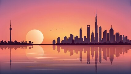 Sunset Cityscape Silhouette Illustration, Dubai Skyline, Water Reflection Cityscape, Silhouette