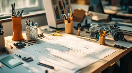 Architect's Creative Workspace with Blueprints and Design Tools