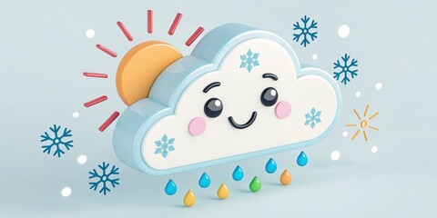 Smiling 3D Cloud with Sun, Snowflakes and Rain, Weather Illustration, Cartoon ,winter weather, 3d rendering