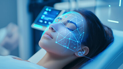 Futuristic Face Scan Digital Overlay on Womans Face for Tech Beauty or Medical Concept