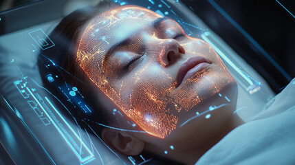 Futuristic Facial Scan Digital Overlay on Womans Face Technology Innovation Medical Science