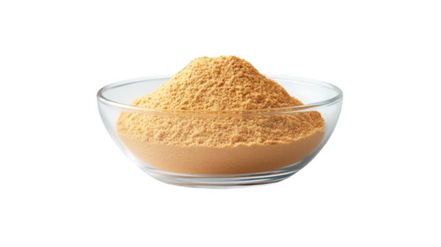 Closeup of a bowl filled with fine white powder, detailed view of texture and consistency for culinary or dietary exploration.