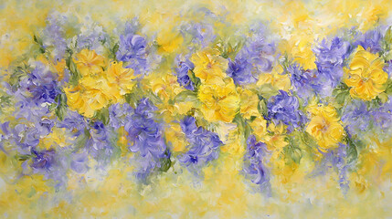 Yellow and purple floral painting, textured background, springtime scene, wall art