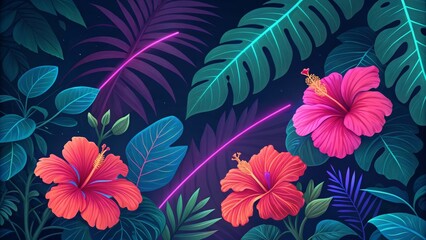 Neon Tropical Hibiscus Floral Composition, Illustration, Digital Art, Hibiscus, Tropical