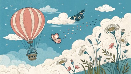 Hot Air Balloon and Wildflowers Whimsical Illustration, Pastel Color Palette, Vintage Style, Floral Design, Butterfly, Sky Floral Illustration, Hot Air Balloon