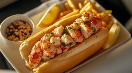 A top-down view of a gourmet first-class meal featuring a lobster roll, delicate lobster chunks carefully placed in a golden brioche bun, served with hand-cut truffle fries and a side of lemon wedges,