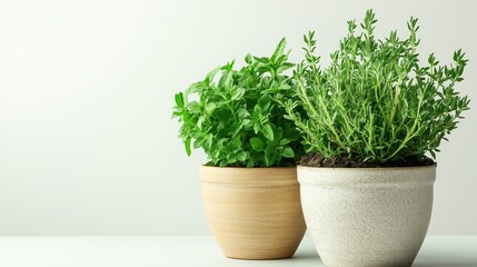 Fototapeta premium Fresh herbs in decorative pots on white shelf with natural light