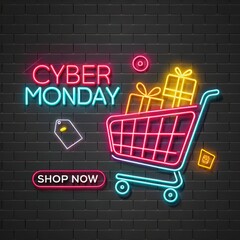 Cyber Monday Neon Sign Shopping Cart, Gifts, Brick Wall, Sale, Shop Now, Cyber Monday Deals, Neon Lights Cyber Monday