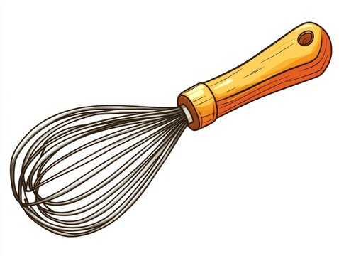Wooden-handled whisk, kitchen utensil, baking tool, isolated, white background, recipe illustration