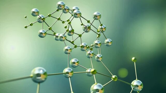 Close-up visualization of a green molecule of a cosmetic structure made of natural herbal ingredients, zoom out