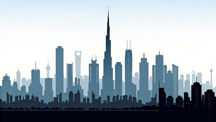 Fototapeta premium Blue Skyline Silhouette Cityscape Illustration, Dubai, Shanghai, Modern Architecture, City, Urban Cityscape, Skyline