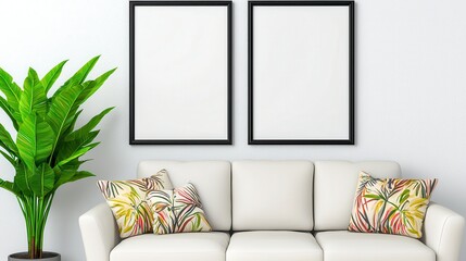 A stylish living room featuring a comfortable couch and a lively plant creating a cozy and inviting atmosphere