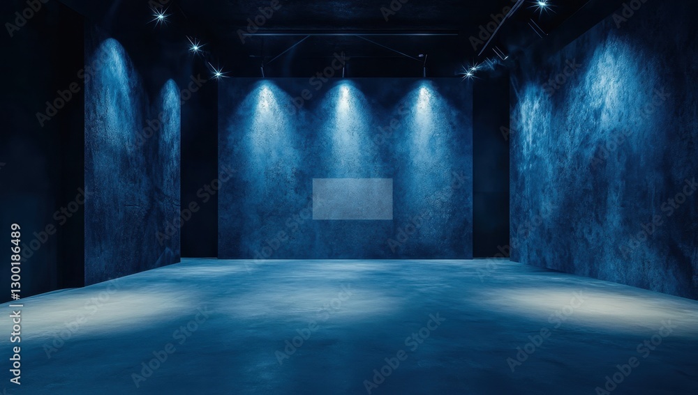 Poster dark and atmospheric gallery space with soft blue lighting and smooth concrete floor perfect for art