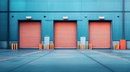 Obraz premium A hangar or industrial building with a security door, roller shutter, or overhead door for security. The interior features a concrete floor, steel framework, and an open area for industrial use: