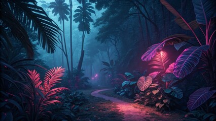 Neon Jungle Path Digital Art, Tropical Plants, Foggy Night, Cyberpunk Aesthetic, Fantasy Landscape, Tropical, Cyberpunk