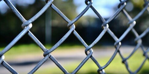 Fototapeta premium Plain metal chain-link barrier for industrial park protection