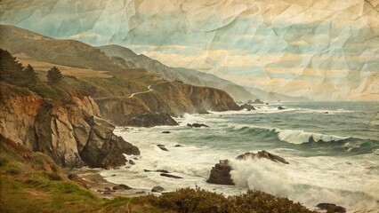 Coastal Highway Landscape Vintage Paper Texture, Ocean Waves, Dramatic Cliffs, California Coast, Seascape California Coast, Seascape