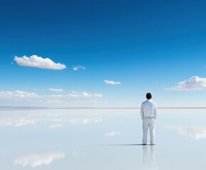 Mirage of Reflections - Person Standing in Vast Desert with Sand Mirror Horizon and Sky Fusion