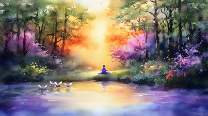 Serene woman meditating by tranquil forest lake at sunset, birds swim, nature peace poster