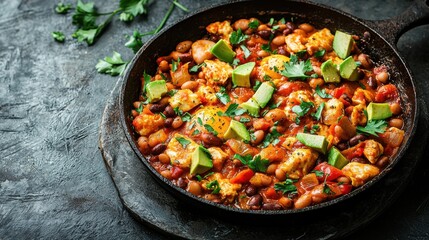 Delicious Vegetable and Bean Skillet Dish with Avocado and Spices