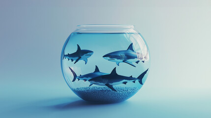 Sharks in a Fishbowl Conceptual Stock Photo for Business Risk and Constraint