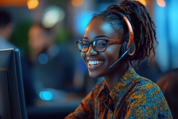 Smiling woman working late night wearing headset glasses and patterned shirt