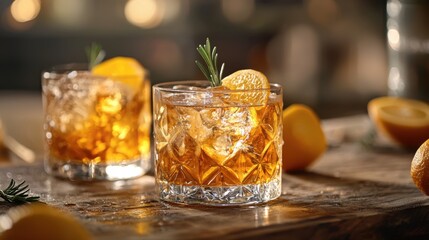 Elegant Glasses of Whiskey with Ice and Orange Garnish on Table