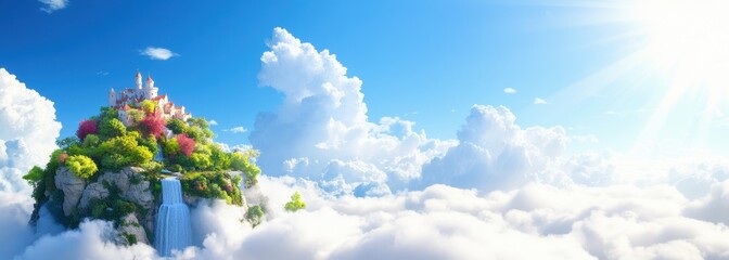 Mystical Floating Castle with Cascading Waterfalls Above Cloud Sea